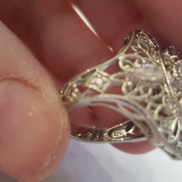 Retro 1920's Vintage Style Filigree 925 Anniversary Ring Unique Long Ring - Picture 6 of 7